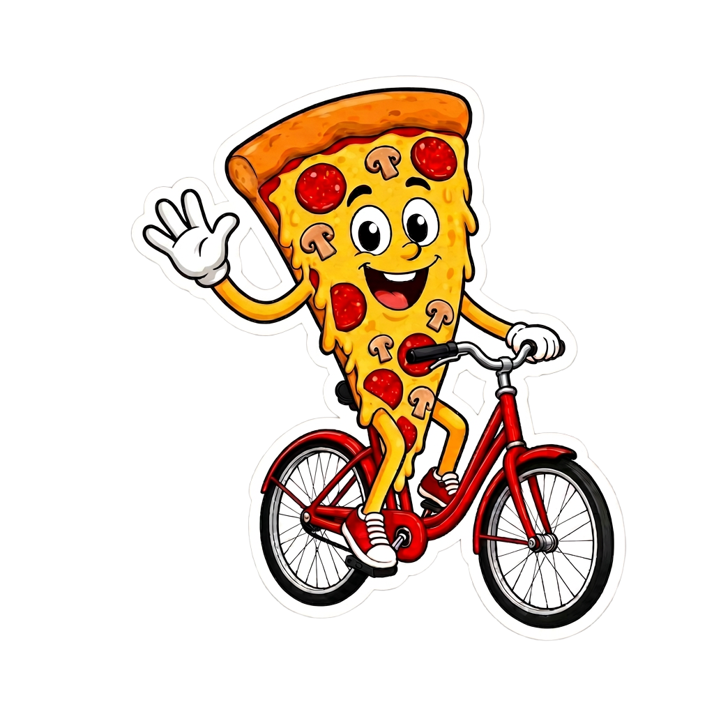 A pizza slice waving while riding a bicycle